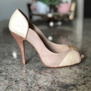 Biondini Peep Toe Heels | Nude & Cream Textured High Heels | Size 9
